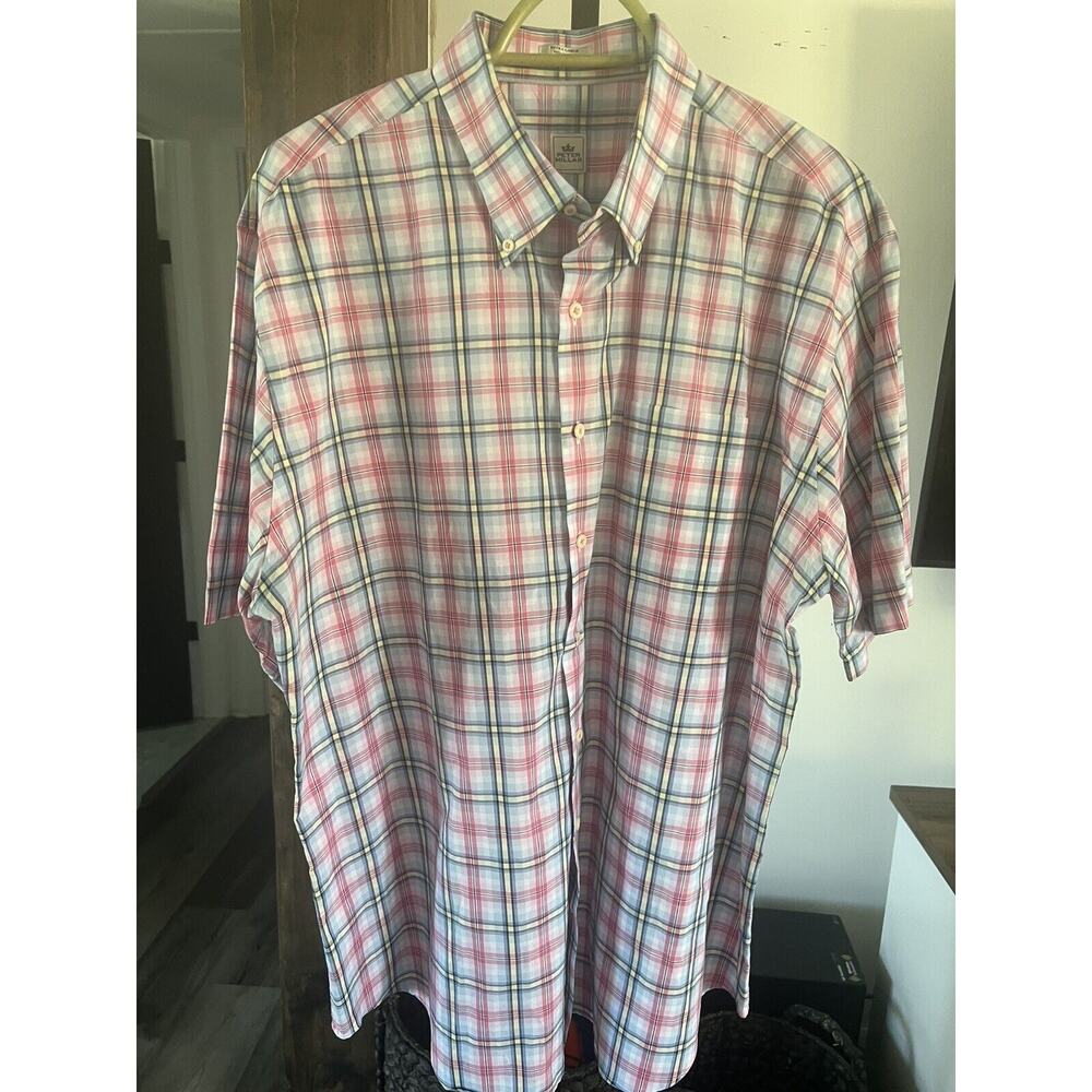 Peter Millar 100% Cotton Plaid Casual Shirt Short Sleeve Button Pink Men XLarge